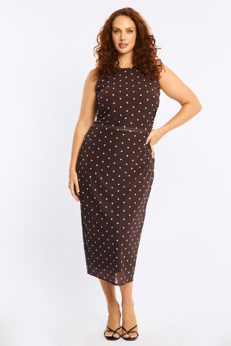 Brown Polka Dot Bodycon Dress Sleeveless Mesh for YouandAll Fashion