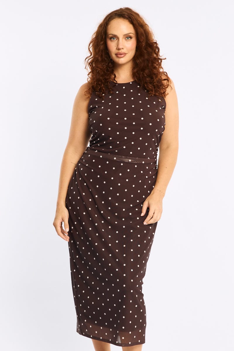 Brown Polka Dot Bodycon Dress Sleeveless Mesh for YouandAll Fashion