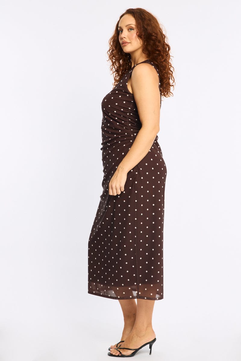 Brown Polka Dot Bodycon Dress Sleeveless Mesh for YouandAll Fashion