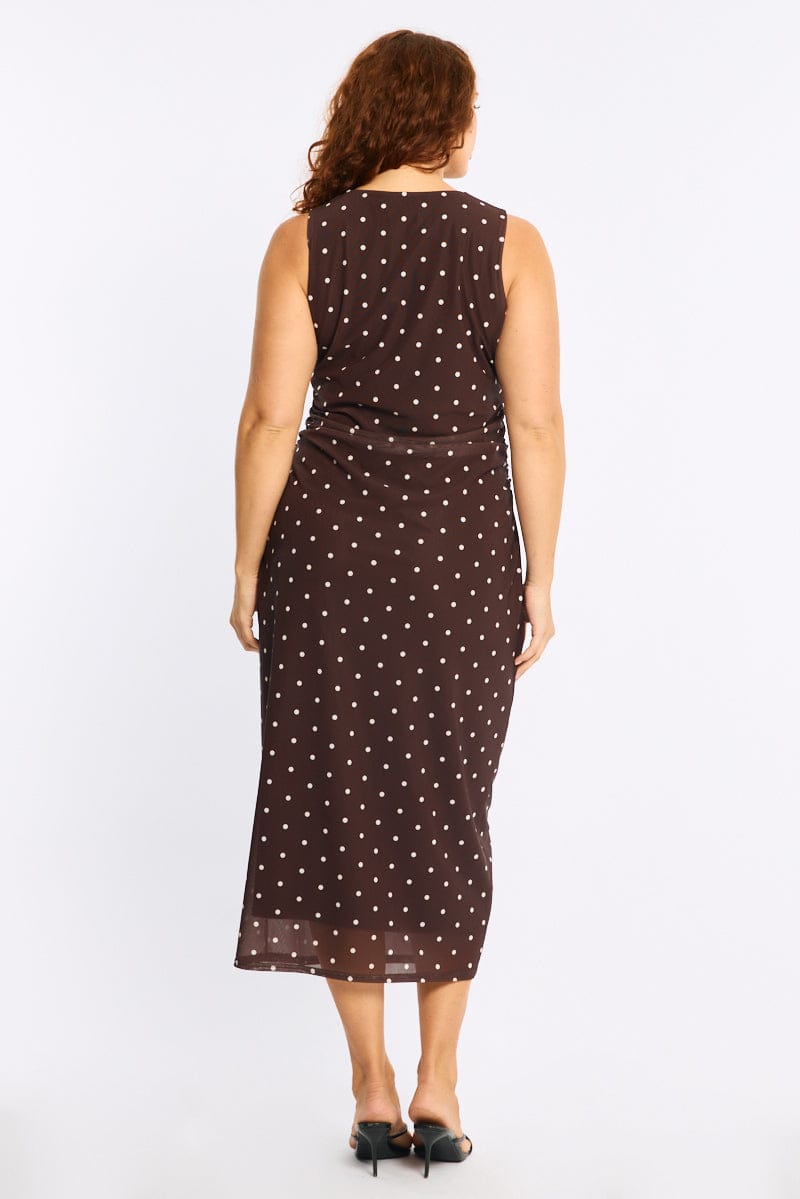 Brown Polka Dot Bodycon Dress Sleeveless Mesh for YouandAll Fashion