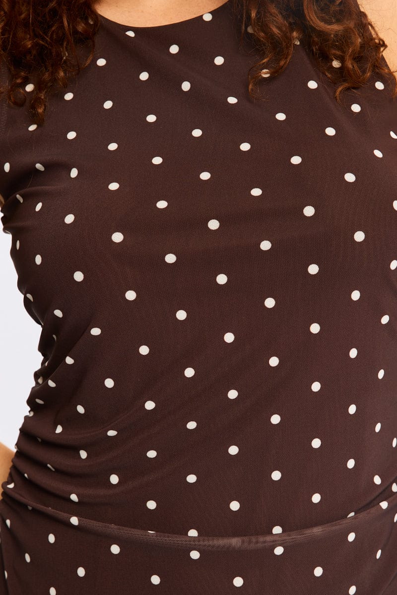 Brown Polka Dot Bodycon Dress Sleeveless Mesh for YouandAll Fashion