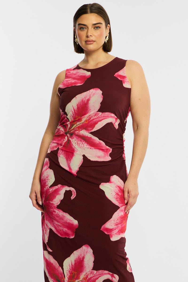 Red Floral Bodycon Dress Sleeveless Mesh for YouandAll Fashion