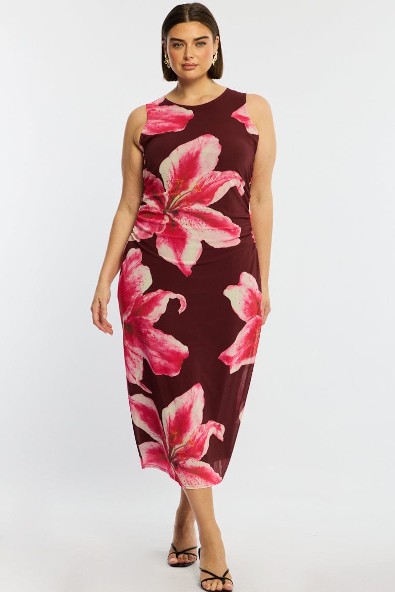 Red Floral Bodycon Dress Sleeveless Mesh for YouandAll Fashion