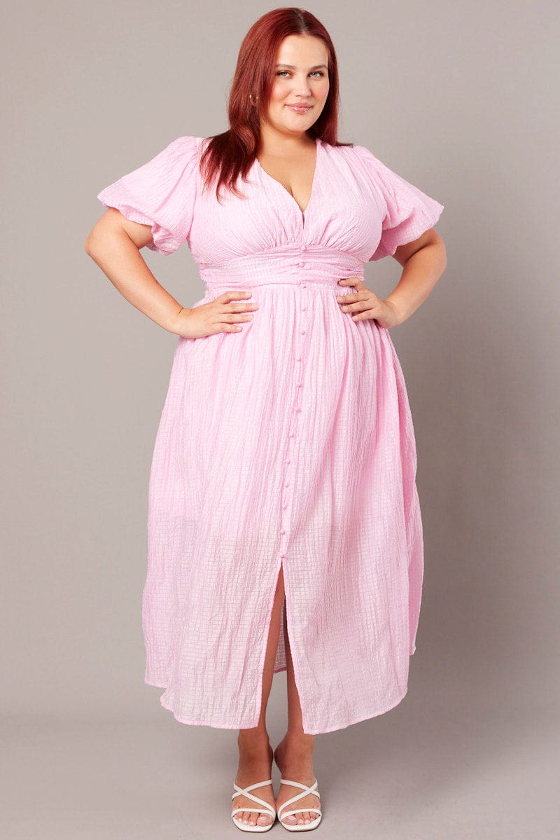 Pink Midi Dress Short Sleeve V-Neck Self Check for YouandAll Fashion