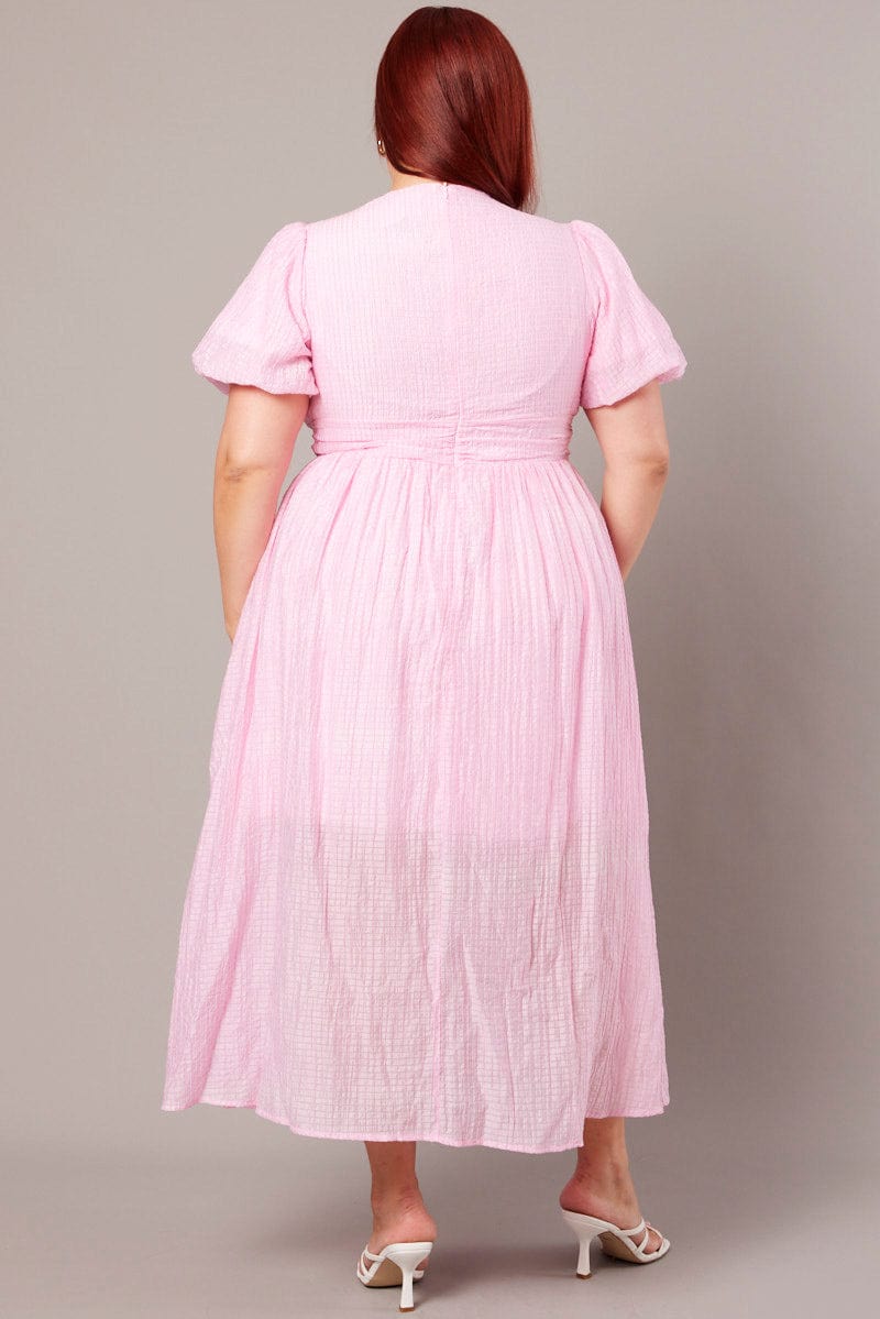 Pink Midi Dress Short Sleeve V-Neck Self Check for YouandAll Fashion