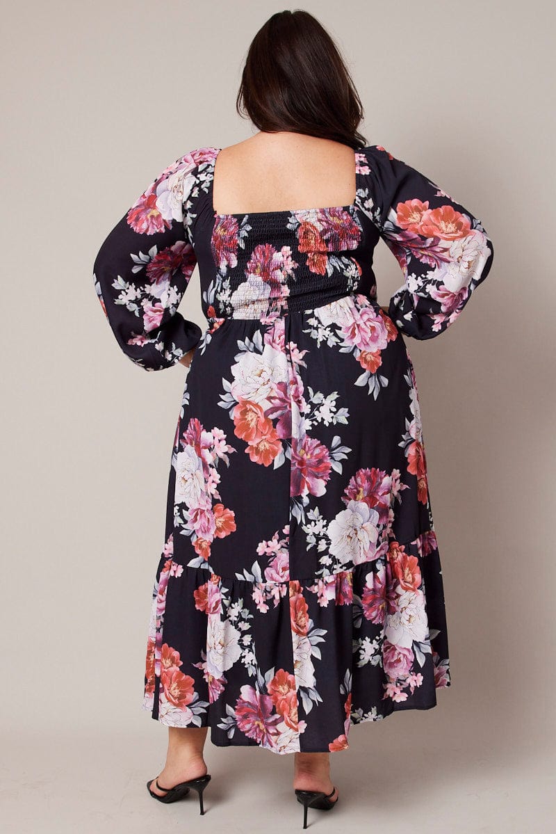 Black Floral Midi Dress Long Sleeve Ruched Bust for YouandAll Fashion