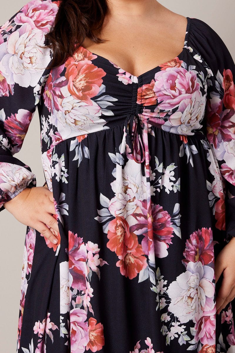 Black Floral Midi Dress Long Sleeve Ruched Bust for YouandAll Fashion