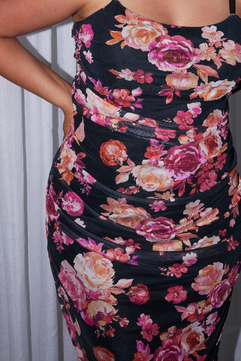 Black Floral Mesh Bodycon Ruched Shoestring Strap Dress | You & All Black Floral Mesh Bodycon Ruched Shoestring Strap Dress | You & All