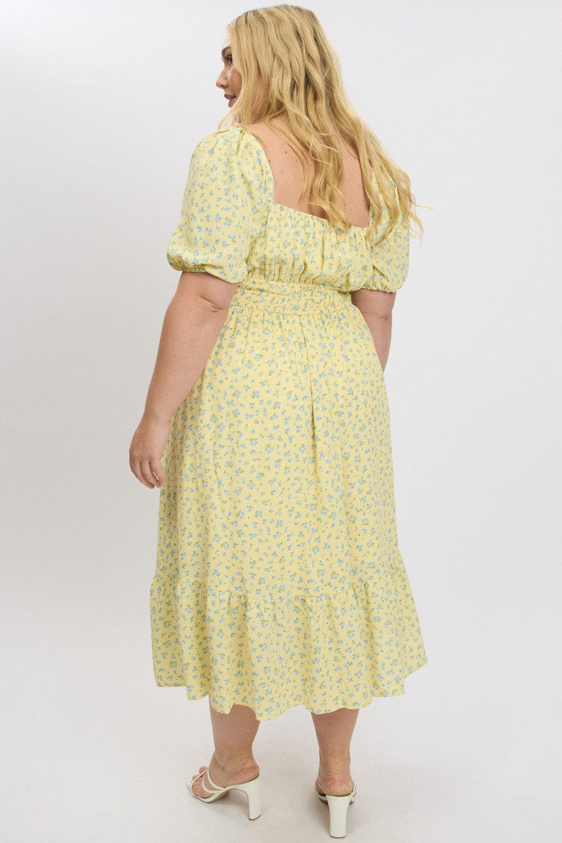 Yellow Ditsy Midi Dress Short Sleeve Ruched for YouandAll Fashion