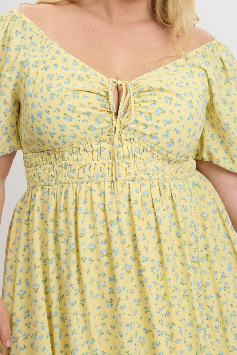 Yellow Ditsy Midi Dress Short Sleeve Ruched for YouandAll Fashion