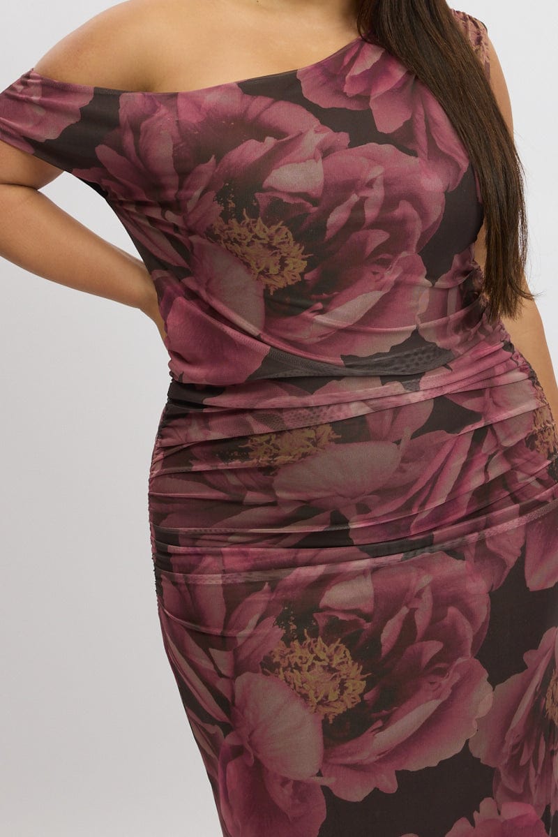 Multi Floral One Shoulder Asymmetric Dress
