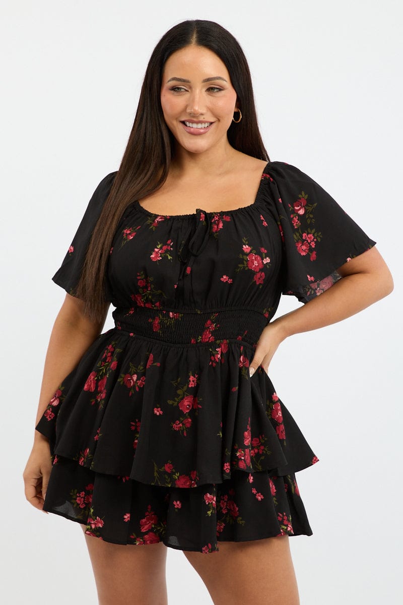 Black Floral Floral Playsuit Short Sleeve for YouandAll Fashion