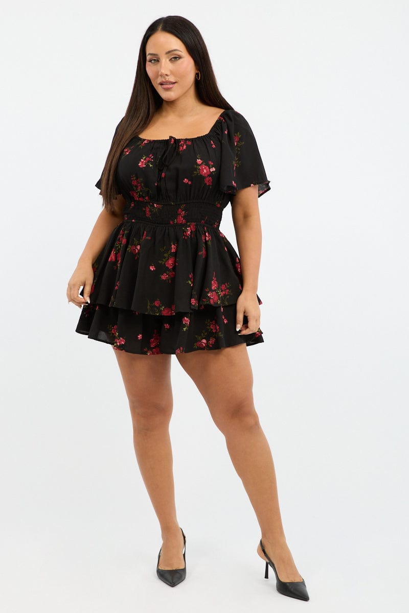 Black Floral Floral Playsuit Short Sleeve for YouandAll Fashion