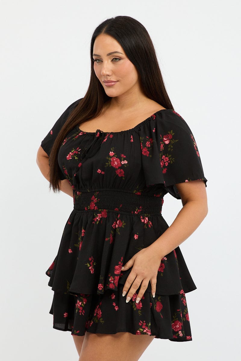 Black Floral Floral Playsuit Short Sleeve for YouandAll Fashion