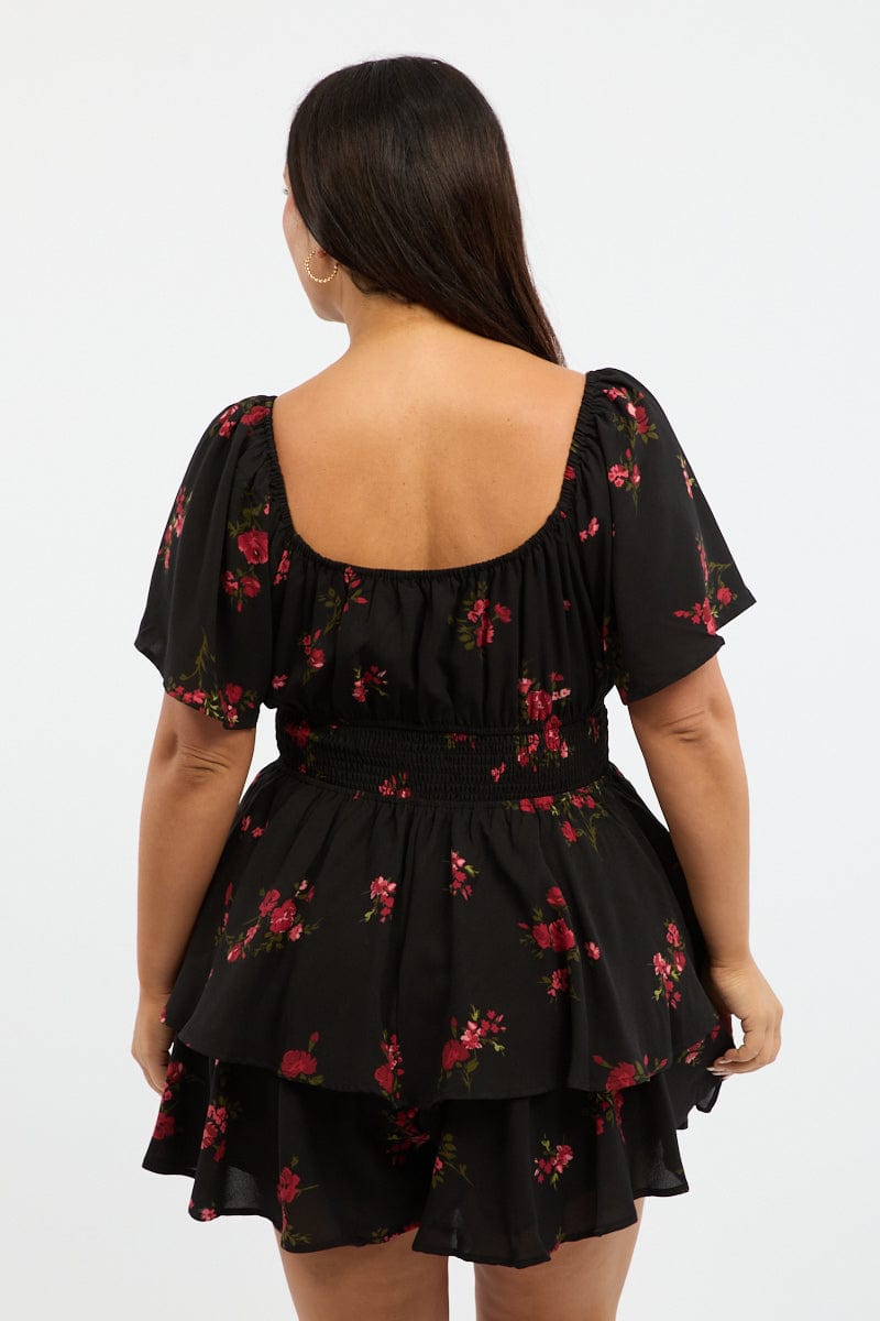 Black Floral Floral Playsuit Short Sleeve for YouandAll Fashion
