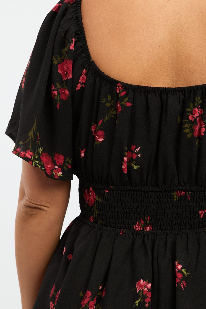 Black Floral Floral Playsuit Short Sleeve for YouandAll Fashion