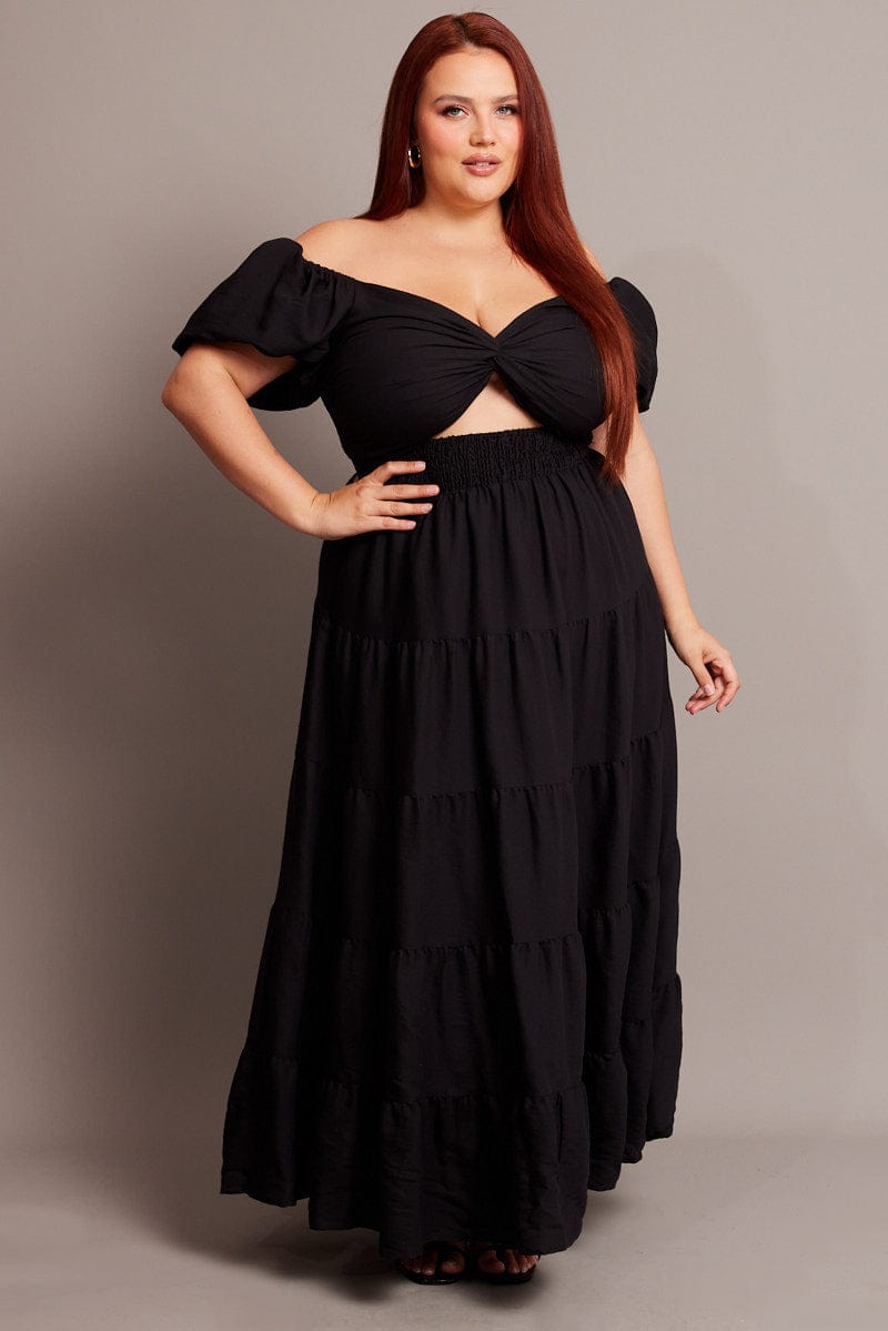 Black Maxi Dress Short Sleeve Twist Front for YouandAll Fashion