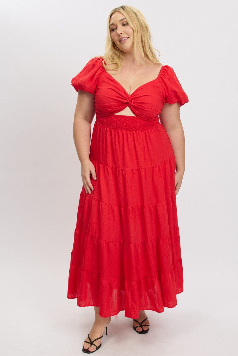 Red Maxi Dress Short Sleeve Twist Front for YouandAll Fashion