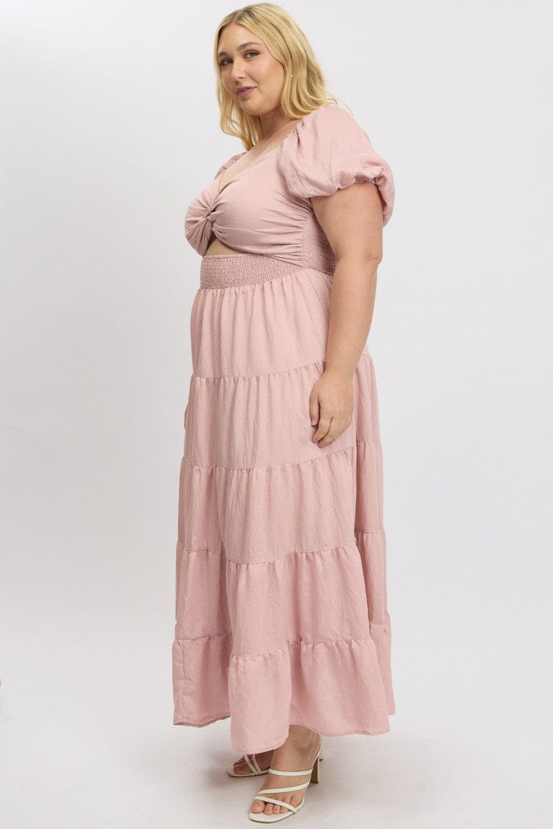 Pink Maxi Dress Short Sleeve Twist Front for YouandAll Fashion