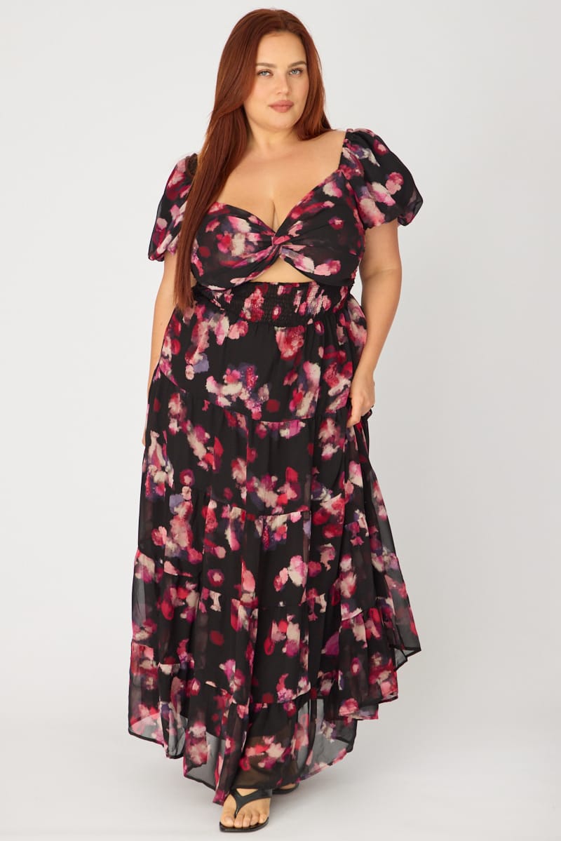 Black Abstract Maxi Dress Short Sleeve for YouandAll Fashion