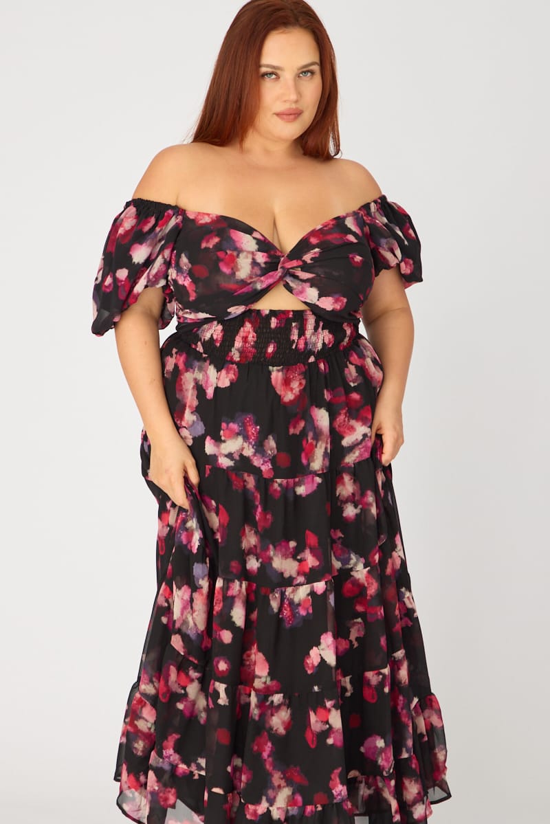 Black Abstract Maxi Dress Short Sleeve for YouandAll Fashion