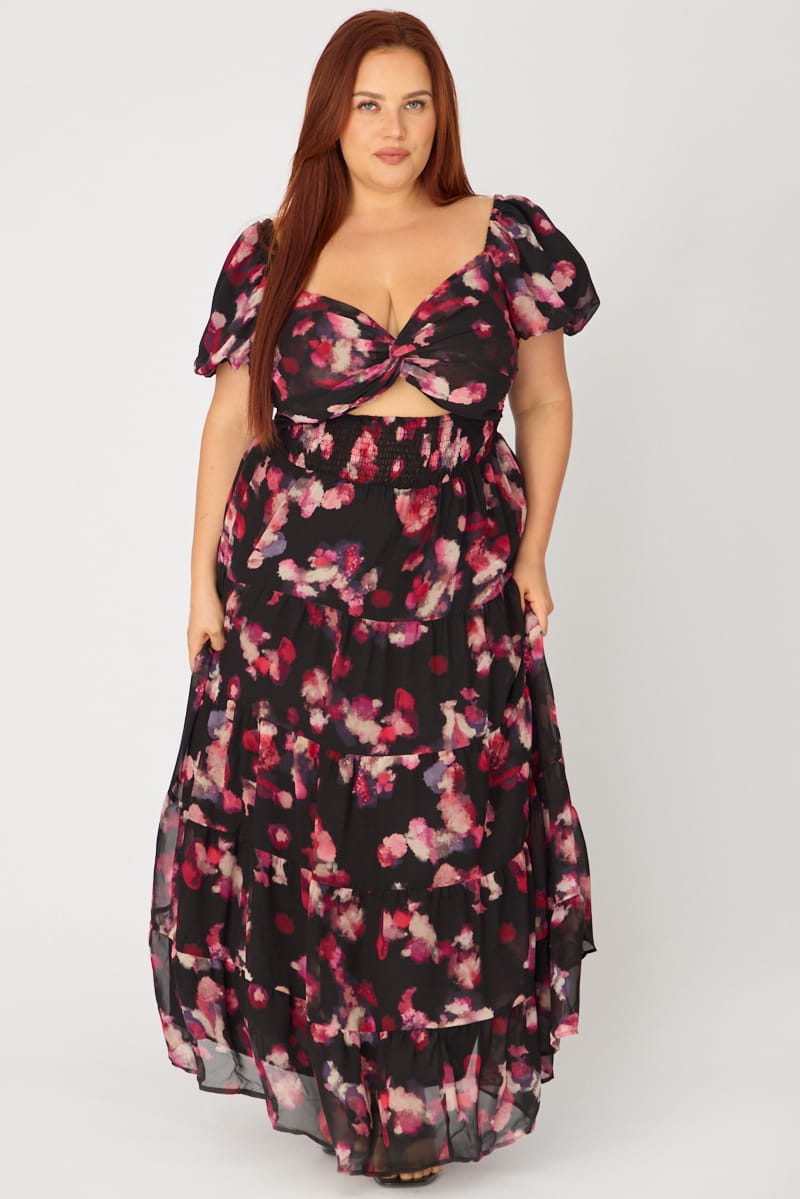 Black Abstract Maxi Dress Short Sleeve for YouandAll Fashion