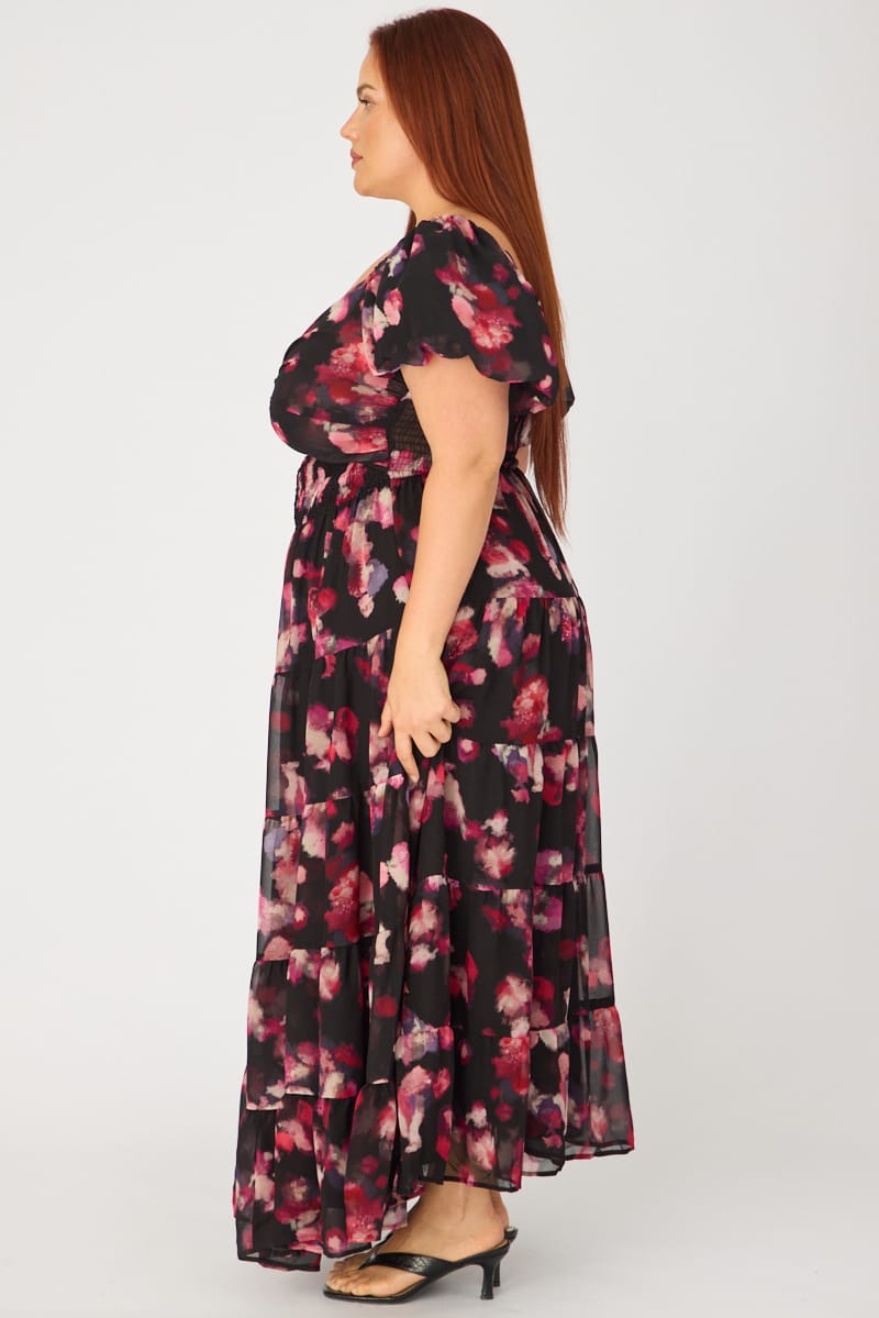 Black Abstract Maxi Dress Short Sleeve for YouandAll Fashion