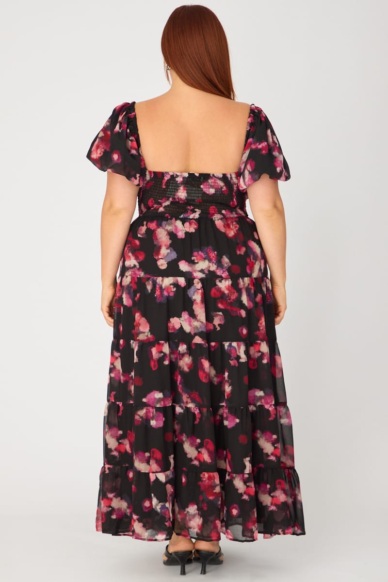 Black Abstract Maxi Dress Short Sleeve for YouandAll Fashion