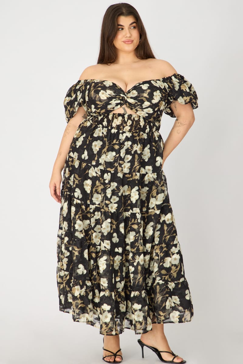 Black Floral Maxi Dress Short Sleeve Cut Out for YouandAll Fashion