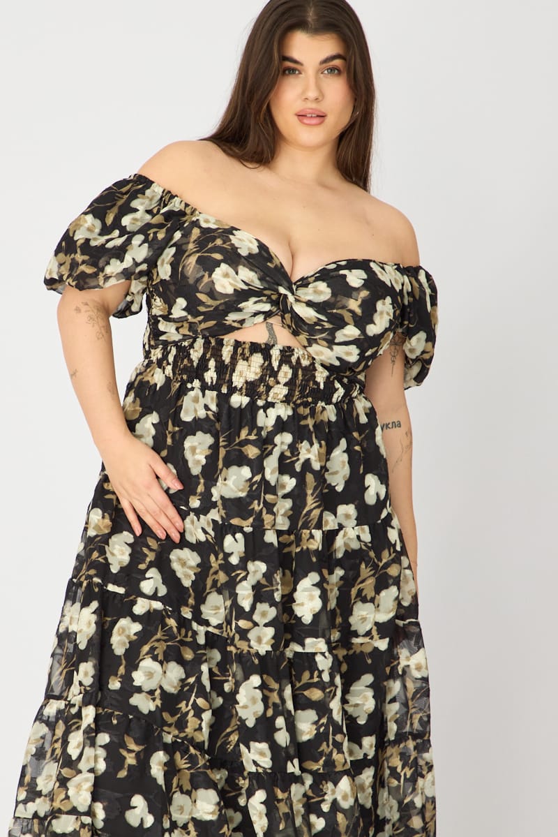 Black Floral Maxi Dress Short Sleeve Cut Out for YouandAll Fashion