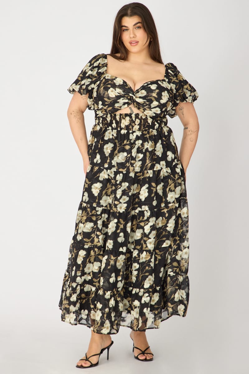 Black Floral Maxi Dress Short Sleeve Cut Out for YouandAll Fashion