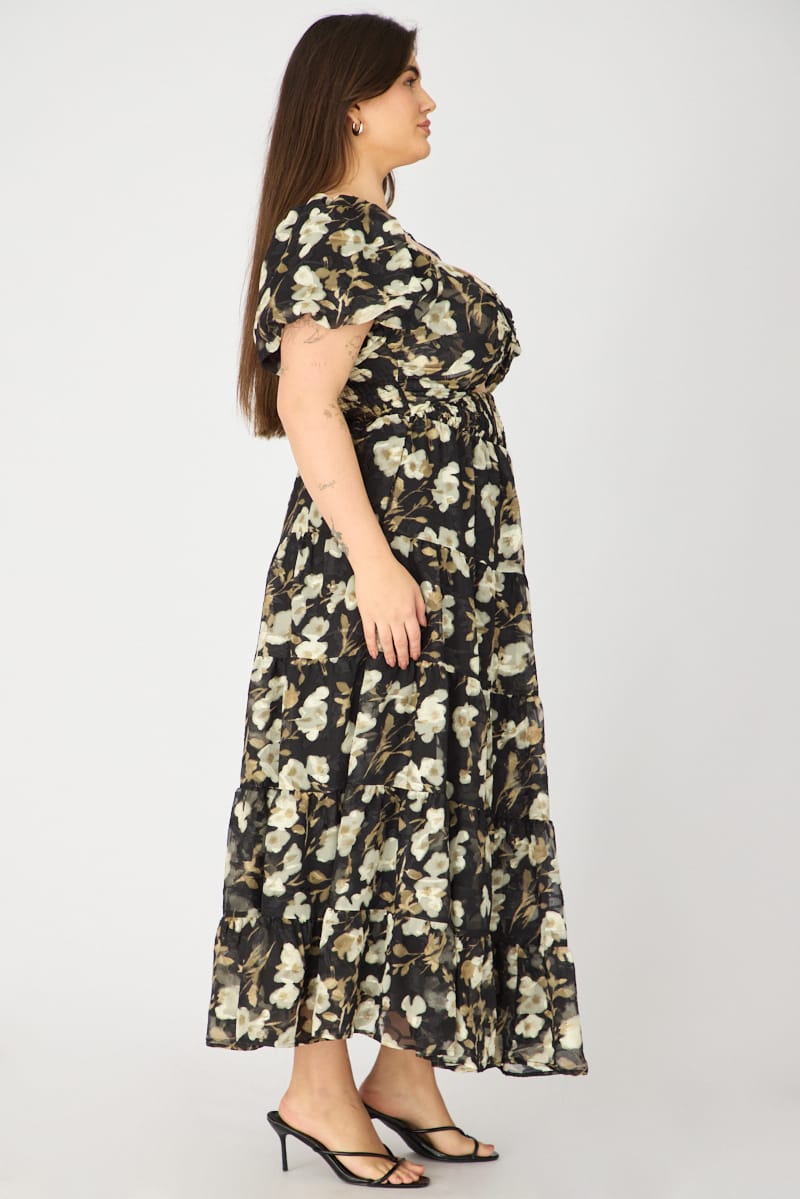 Black Floral Maxi Dress Short Sleeve Cut Out for YouandAll Fashion