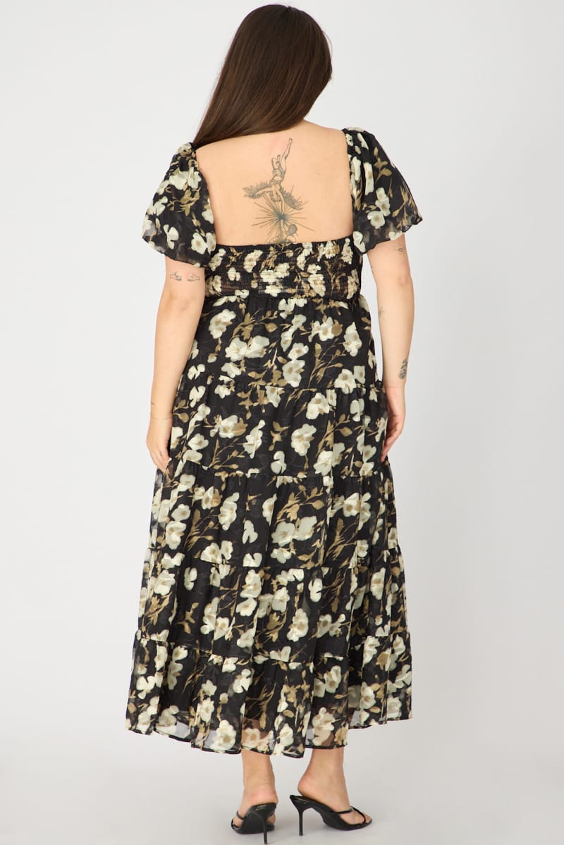 Black Floral Maxi Dress Short Sleeve Cut Out for YouandAll Fashion