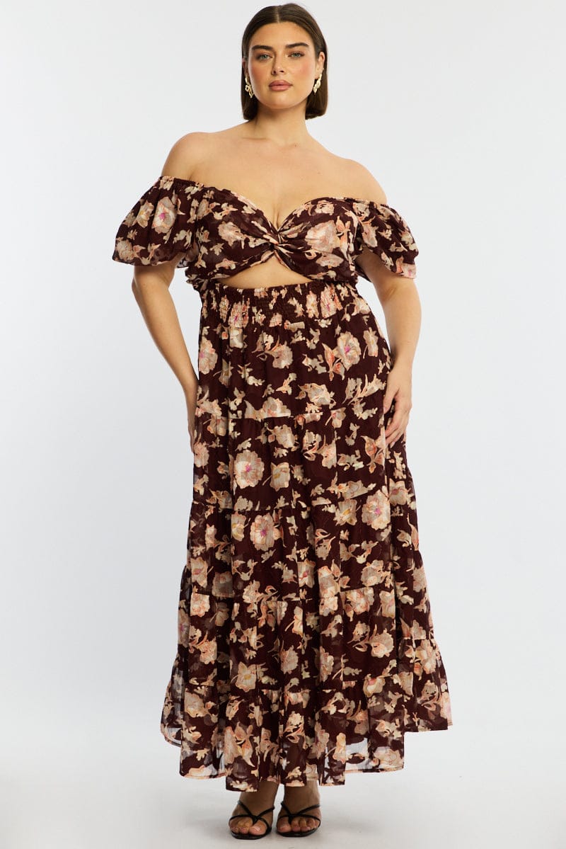 Red Floral Maxi Dress Short Sleeve Cut Out for YouandAll Fashion