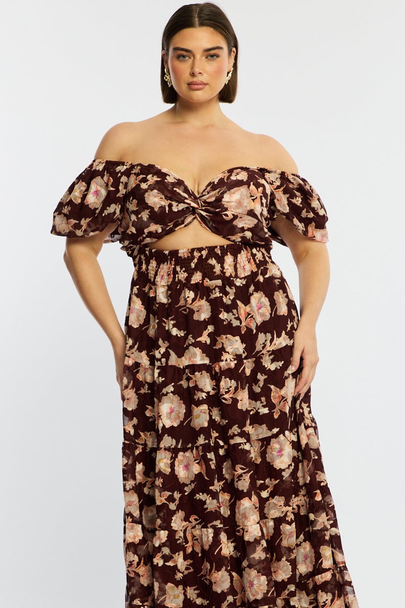 Red Floral Maxi Dress Short Sleeve Cut Out for YouandAll Fashion