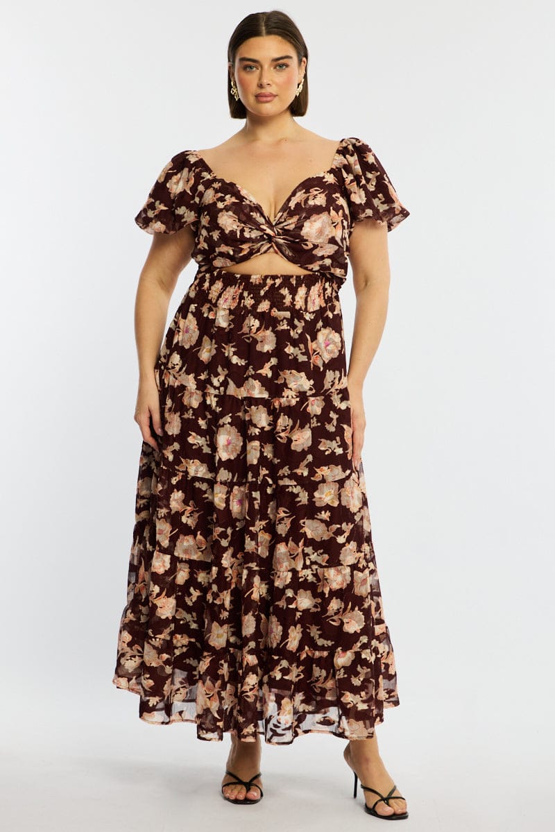 Red Floral Maxi Dress Short Sleeve Cut Out for YouandAll Fashion