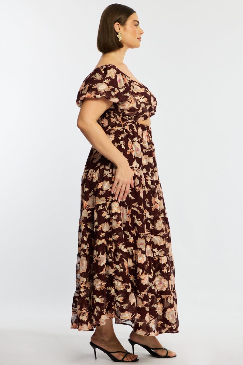 Red Floral Maxi Dress Short Sleeve Cut Out for YouandAll Fashion