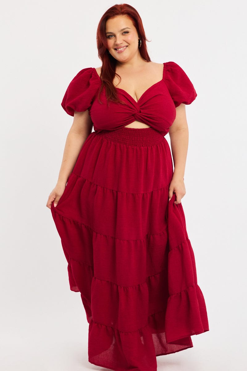 Red Maxi Dress Short Sleeve Cut Out for YouandAll Fashion