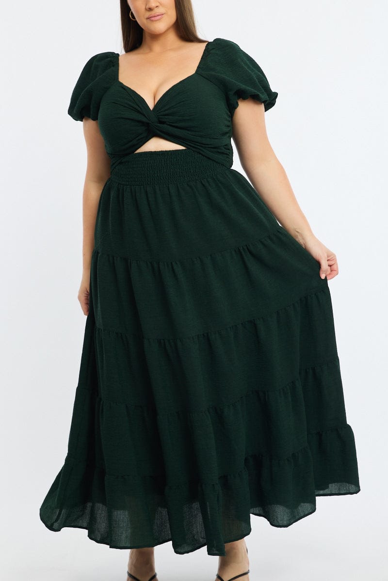 Green Maxi Dress Short Sleeve Cut Out