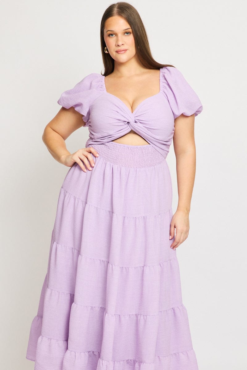 Purple Maxi Dress Short Sleeve Cut Out for YouandAll Fashion