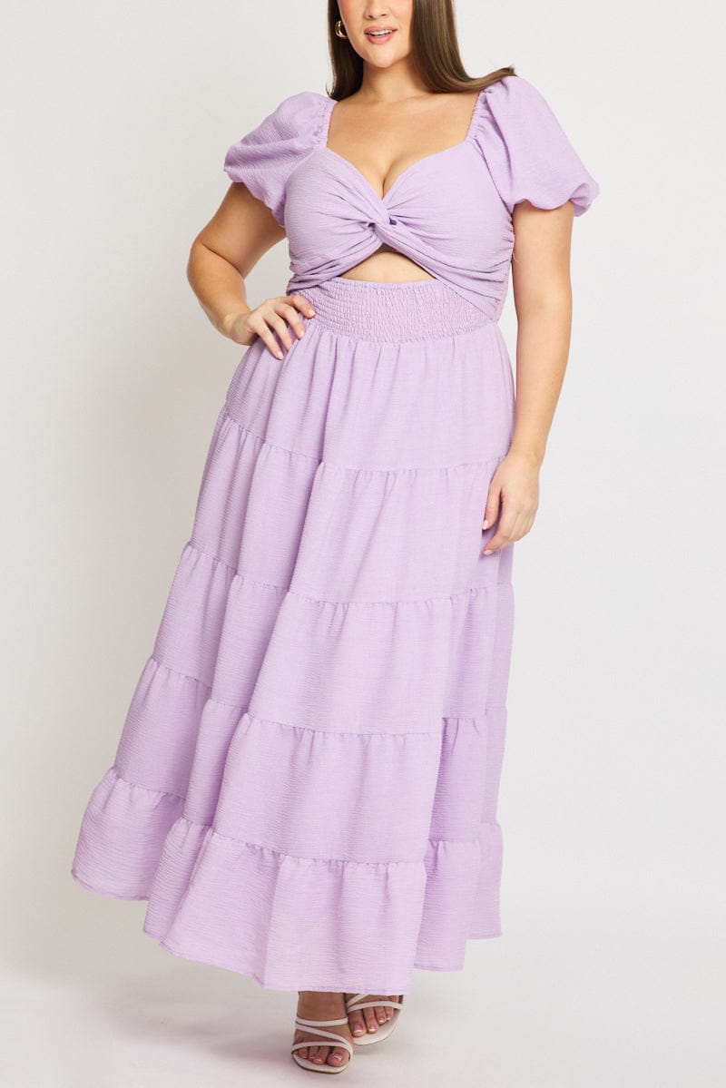 Purple Maxi Dress Short Sleeve Cut Out for YouandAll Fashion
