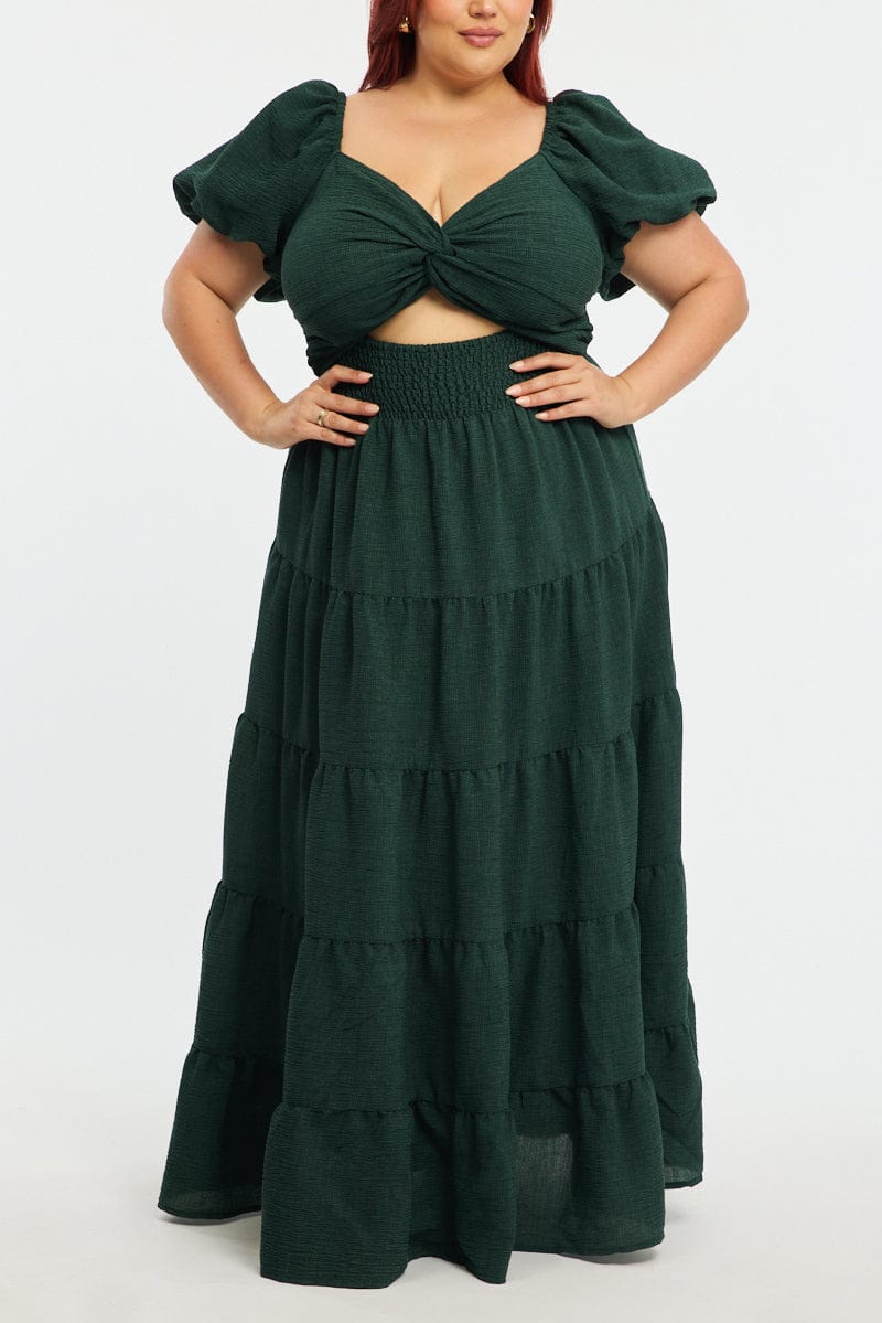 Green Maxi Dress Short Sleeve Cut Out for YouandAll Fashion