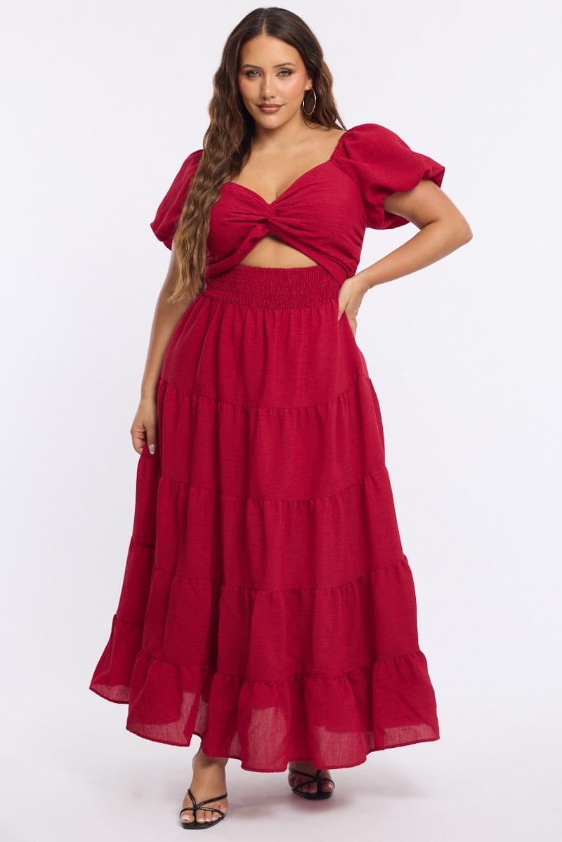 Red Maxi Dress Short Sleeve Cut Out for YouandAll Fashion