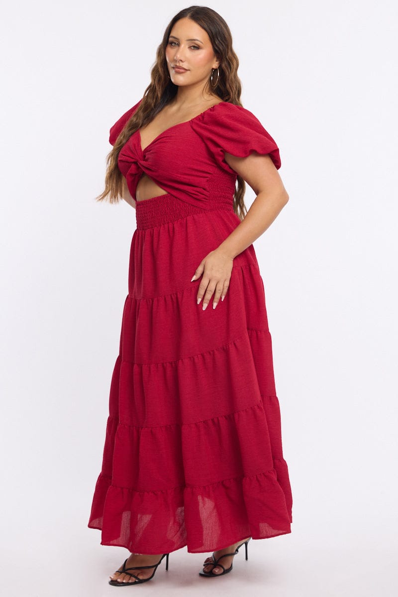 Red Maxi Dress Short Sleeve Cut Out for YouandAll Fashion