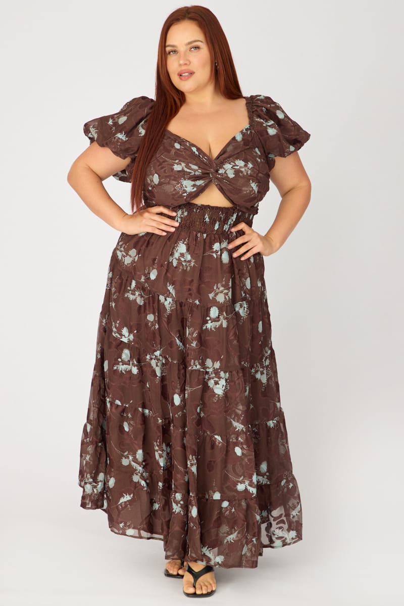 Brown Floral Maxi Dress Short Sleeve Cut Out for YouandAll Fashion