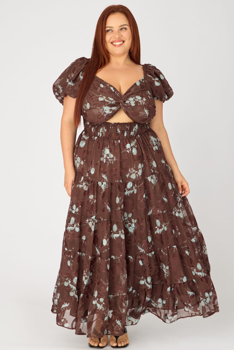 Brown Floral Maxi Dress Short Sleeve Cut Out for YouandAll Fashion