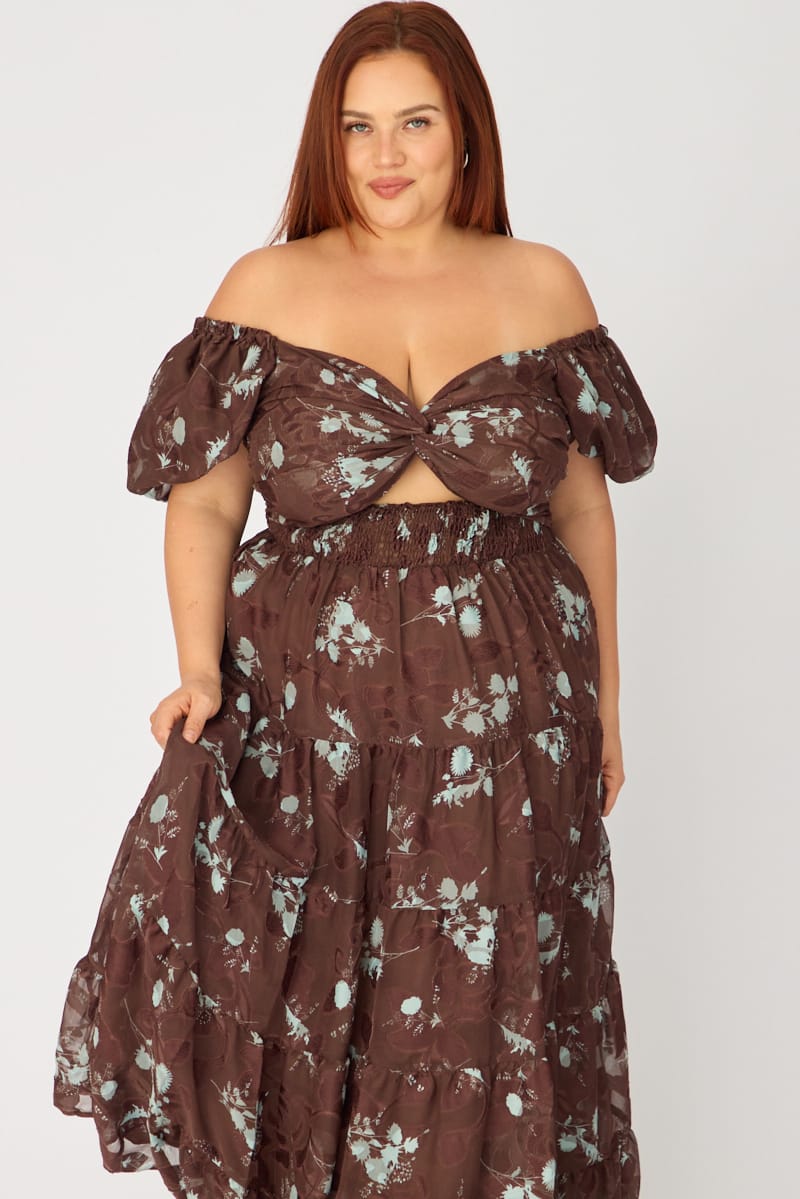 Brown Floral Maxi Dress Short Sleeve Cut Out