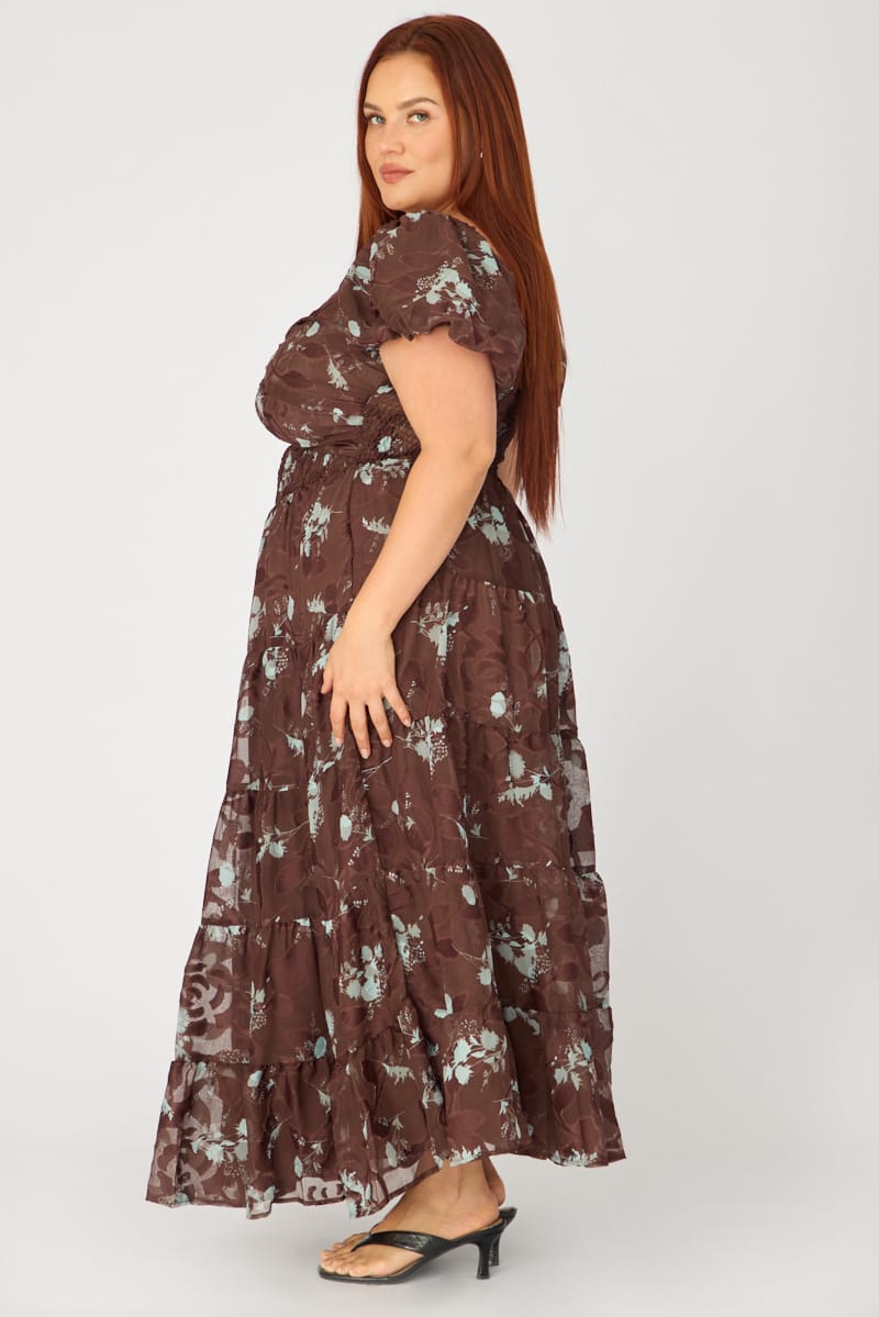 Brown Floral Maxi Dress Short Sleeve Cut Out for YouandAll Fashion