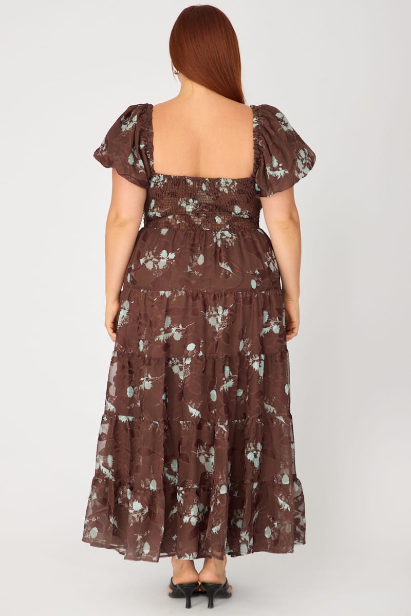 Brown Floral Maxi Dress Short Sleeve Cut Out for YouandAll Fashion