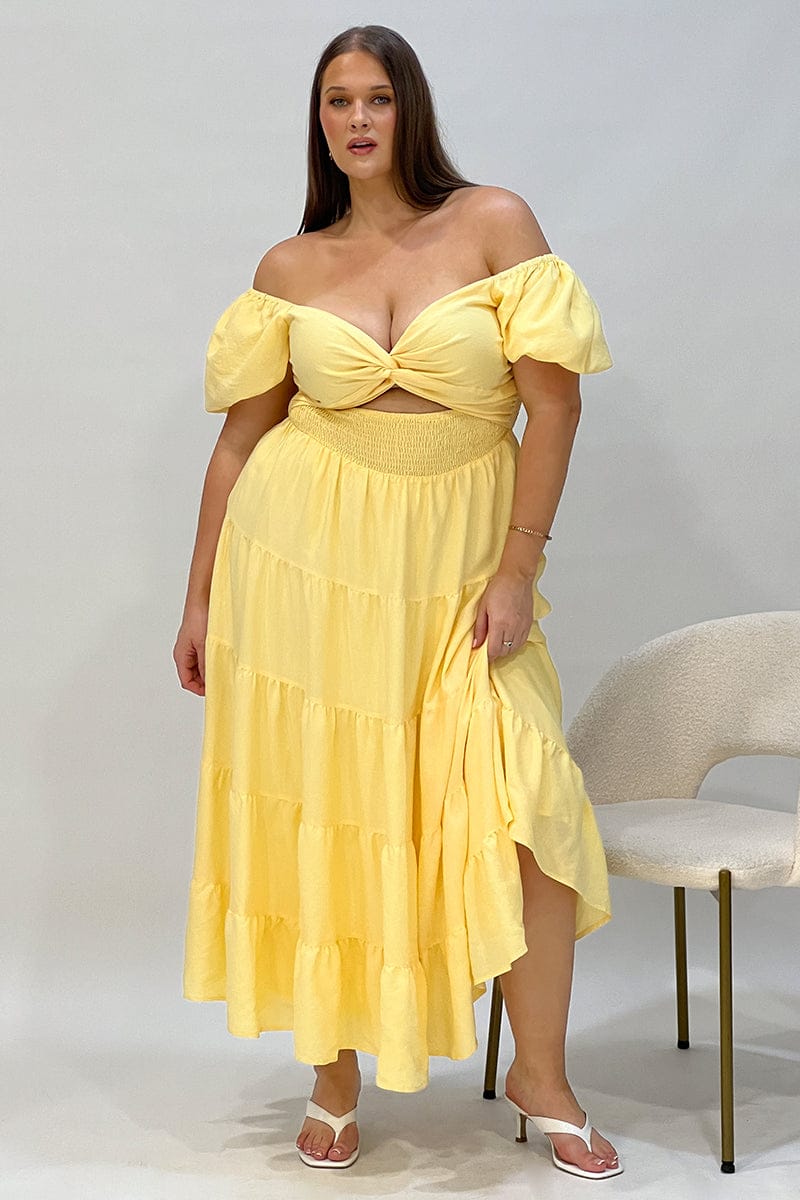 Yellow Maxi Dress Short Sleeve Cut Out for YouandAll Fashion